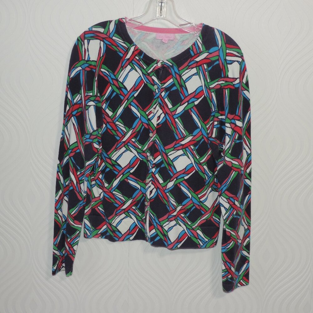 LILLY PULITZER sz L Paley Cardigan Twist Pattern pink green navy blue